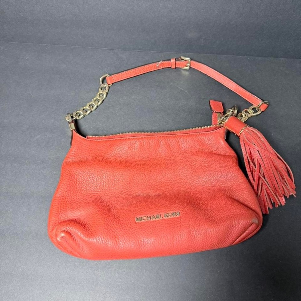 Michael Kors Bedford Coral Orange Pebbled Leather Tassel Shoulder Bag Gold Chain